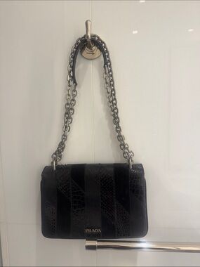 Prada Black Patchwork Python, Suede and  Leather Luxe Chain Shoulder Bag